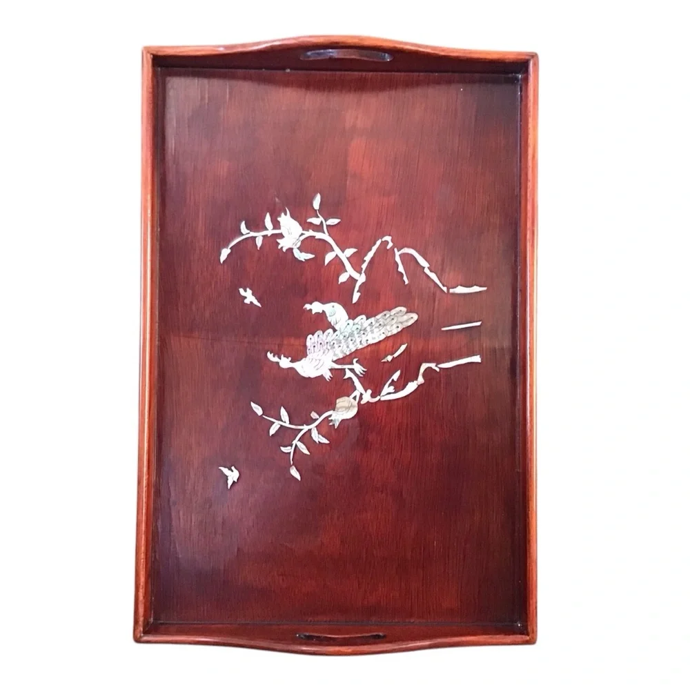 Asian Mahogany Shell Inlay Lacquer Tray Peacocks 17-1/2